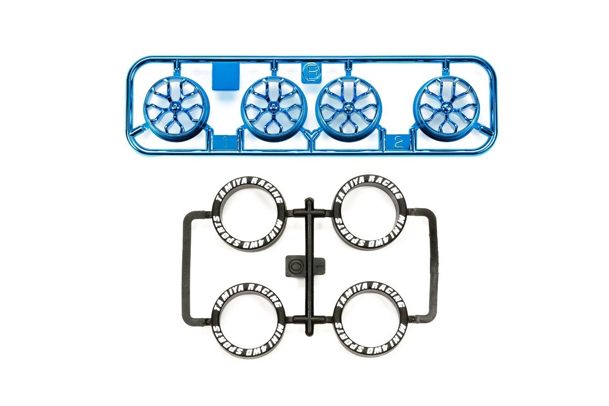 Mini 4WD LP Tire/Plated Wheel Set, Blue Plated (Y-Spoke)