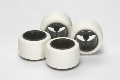 Mini 4WD Small Diameter Carbon Wheels &amp; White Arched Tires (For Super X &amp; XX Chassis)