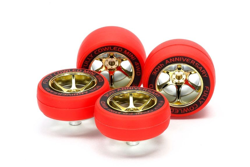 Mini 4WD Red Slick Tires &amp; Gold Color Plated Wheels (Fully Cowled 30th Anniversary)