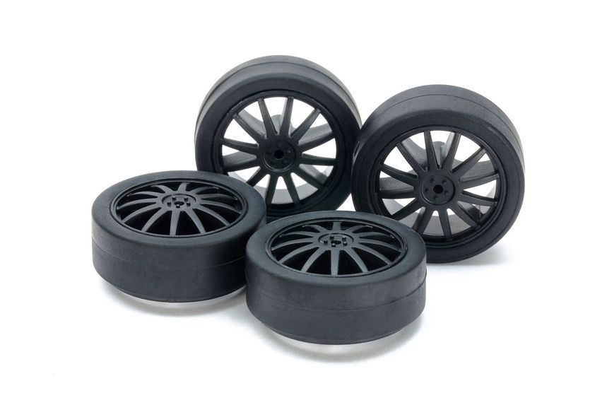 Mini 4WD Small Dia. Low Friction Low-Profile Tires (26mm) &amp; Carbon Wheels (Fin)