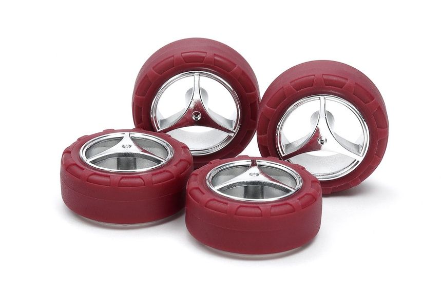 Mini 4WD Low Friction Small Dia. Narrow Tires (24mm) &amp; Silver Plated 3-Spoke Wheels (for Super X &amp; XX Chassis)