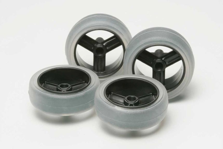 Mini 4WD LG Diameter Carbon Wheel Set, w/Soft Slick Tires