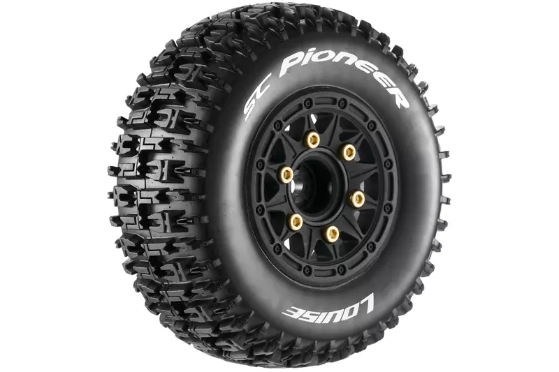 SC-Pioneer 1/10 Short Course Tires, Soft, 12, 14 &amp; 17mm Removable Hex on Black Rim (2 pcs.)