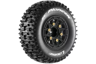 SC-Pioneer 1/10 Short Course Tires, Soft, 12, 14 &amp; 17mm Removable Hex on Black Rim (2 pcs.)