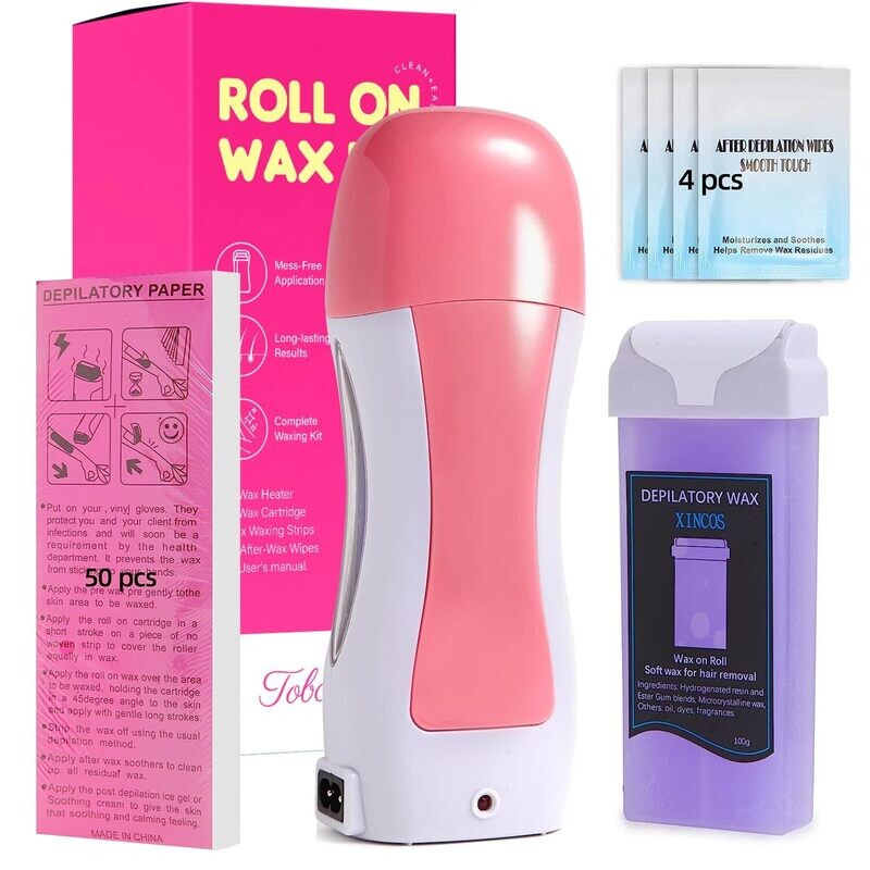 Tobcharm Roll On Wax Kit With Portable Warmer, Roller With 100g Soft Cartridge, 50 Strips