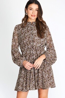 Long Sleeve Print Dress - Floral - Brown