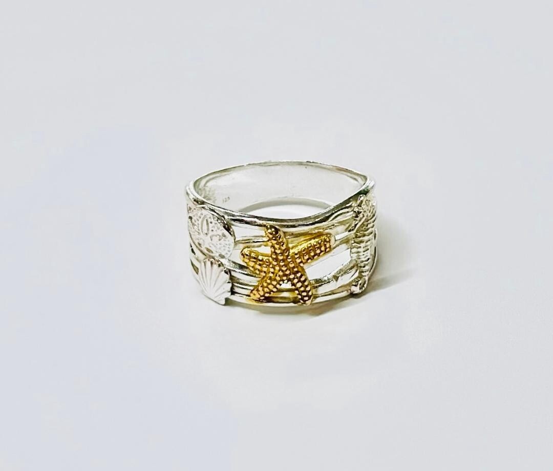 Sterling Silver and 14K Gold Plated Multi Sealife Ring