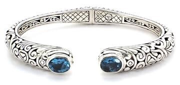 Sterling Silver Bali Floral Spring Hinged Bracelet with Swiss Blue Topaz