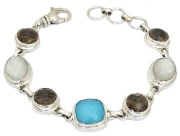 Sterling Silver with Turquoise, Smokey Quartz and MOP Mixed Station Bracelet