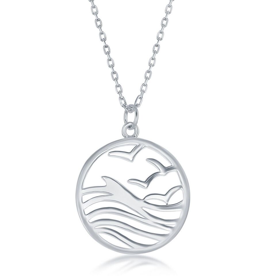 Sterling Silver Waves and Birds Pendant Necklace