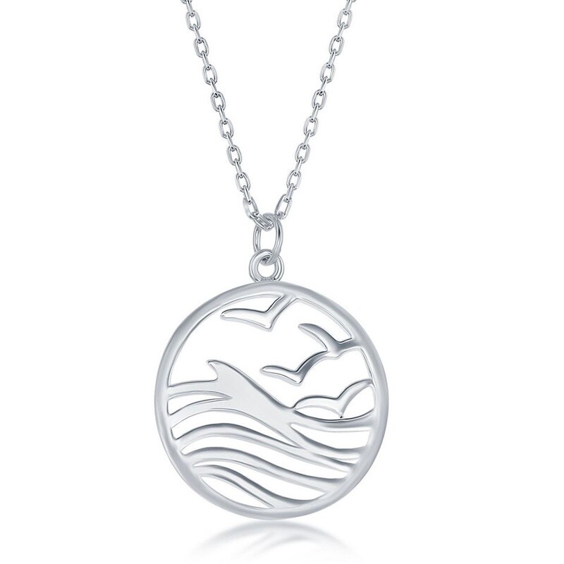 Sterling Silver Waves and Birds Pendant Necklace
