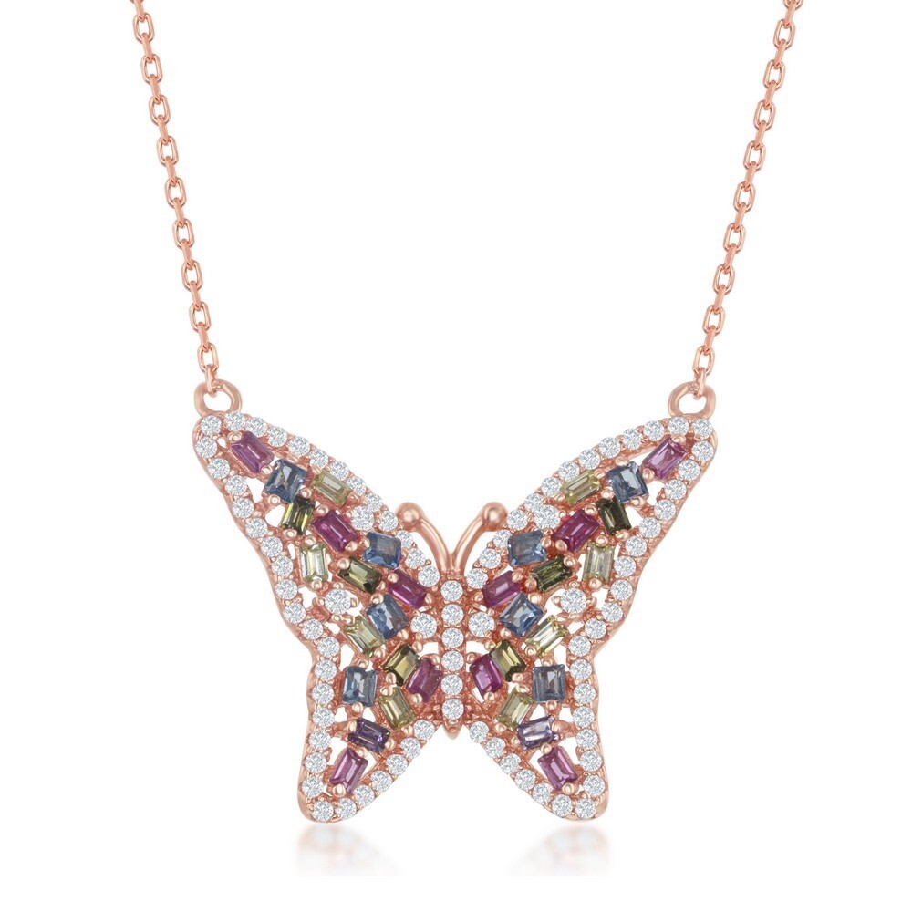Sterling Silver Rose Gold Plated Multi-Color Butterfly Necklace