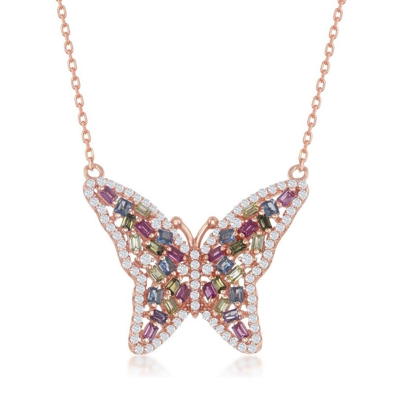 Sterling Silver Rose Gold Plated Multi-Color Butterfly Necklace