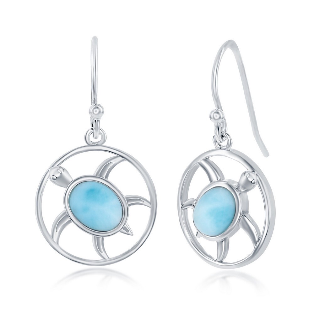 Sterling Silver Oval Larimar Turtle Round Earrings