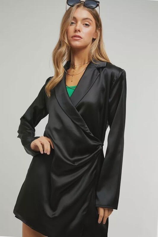 Collard V-Neck Mini Dress - Black