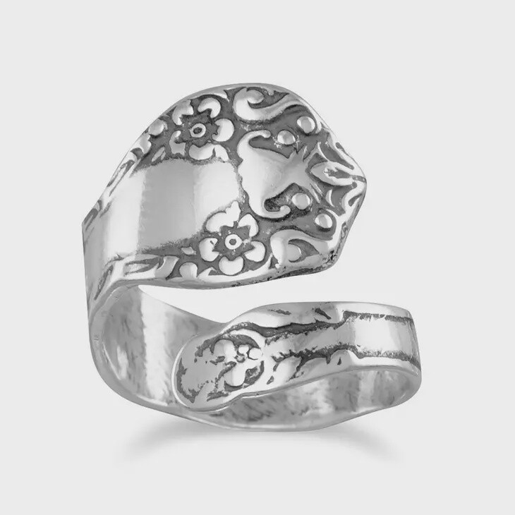 Adjustable Silver Oxidized Floral Spoon Ring