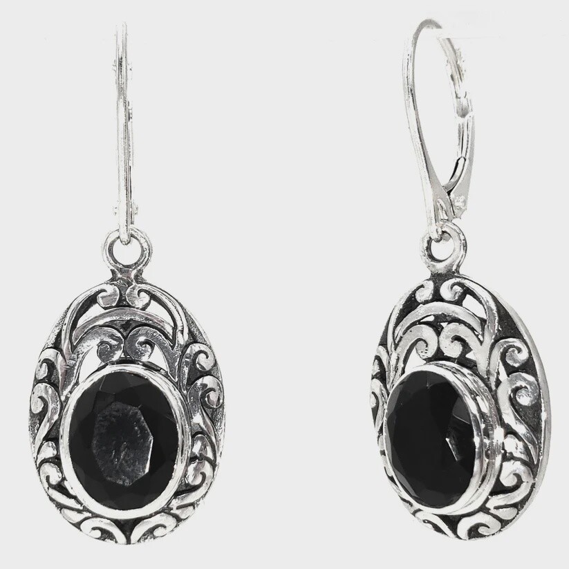 Sterling Silver Carved Bali Earrings with Black Onyx