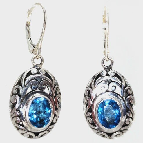 Sterling Silver Carved Bali Earrings with Swiss Blue Topaz