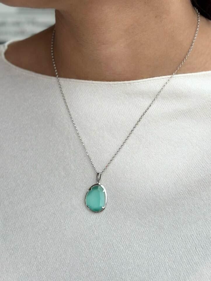 Sterling Silver Teal Oval Cat's Eye Necklace