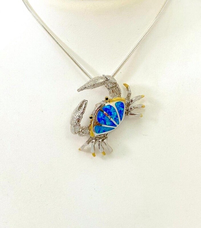 Sterling Silver and 18K Gold Fan Crab Pendant with Blue Opal