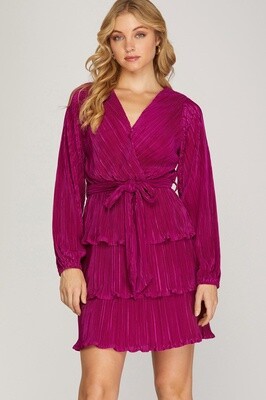 Long Sleeved Pleated Surplice Tiered Dress - Magenta