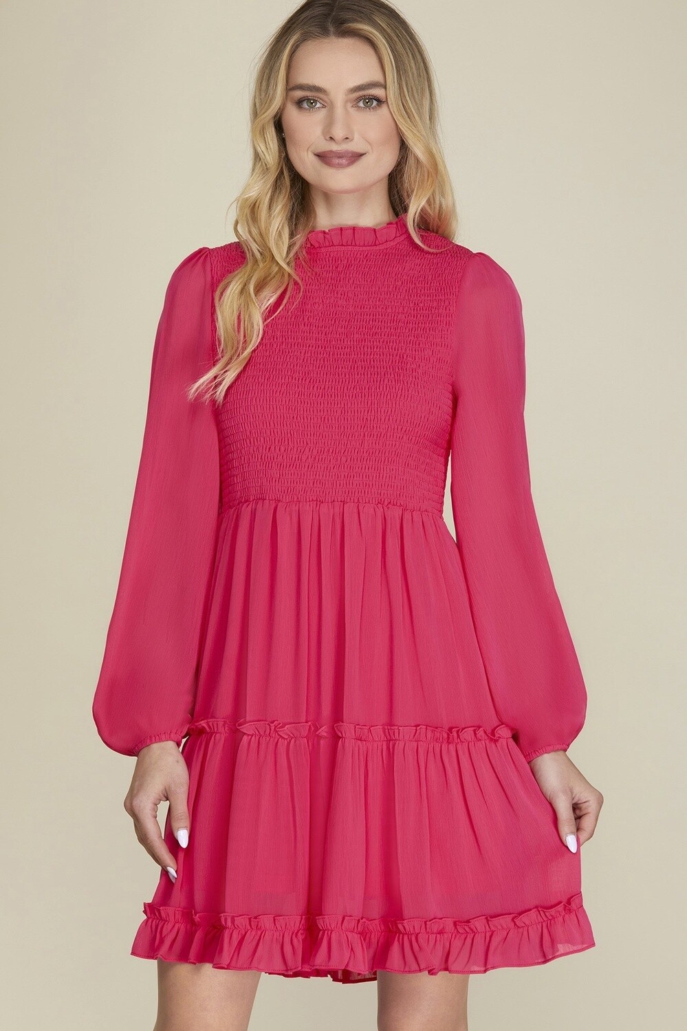 Long Sleeve Smocked Tiered Dress - Cherry Pink