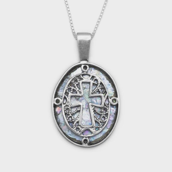 18&quot; Oval Ancient Roman Glass Cut Out Cross Necklace