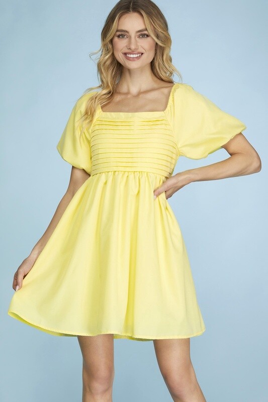 Woven Dress with Pleated Square Shape Front - Yellow