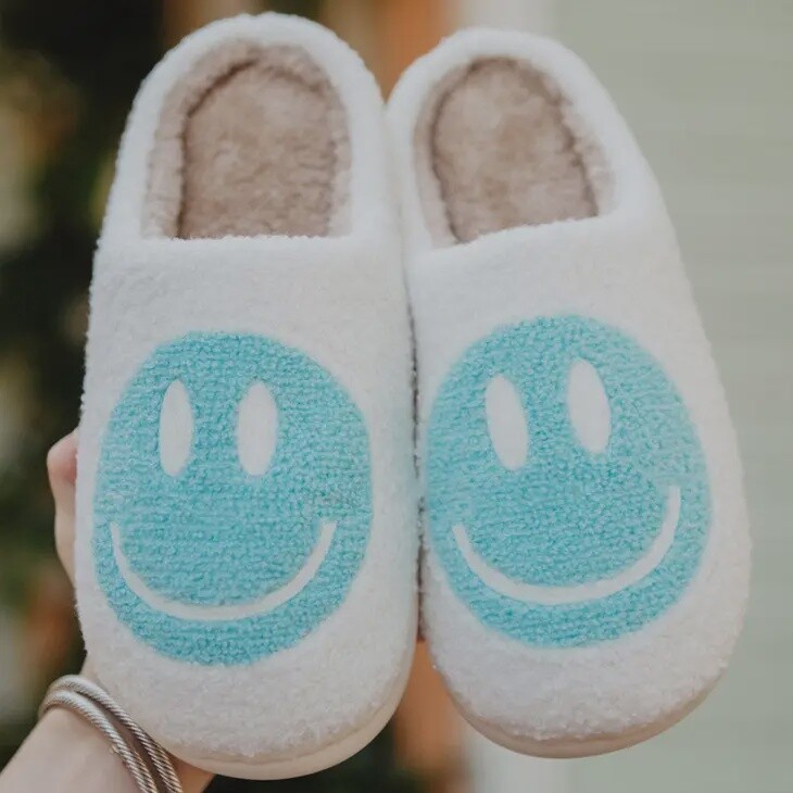Aqua Happy Face Sherpa Slippers in White