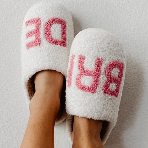 Pink Bride Sherpa Slippers in White