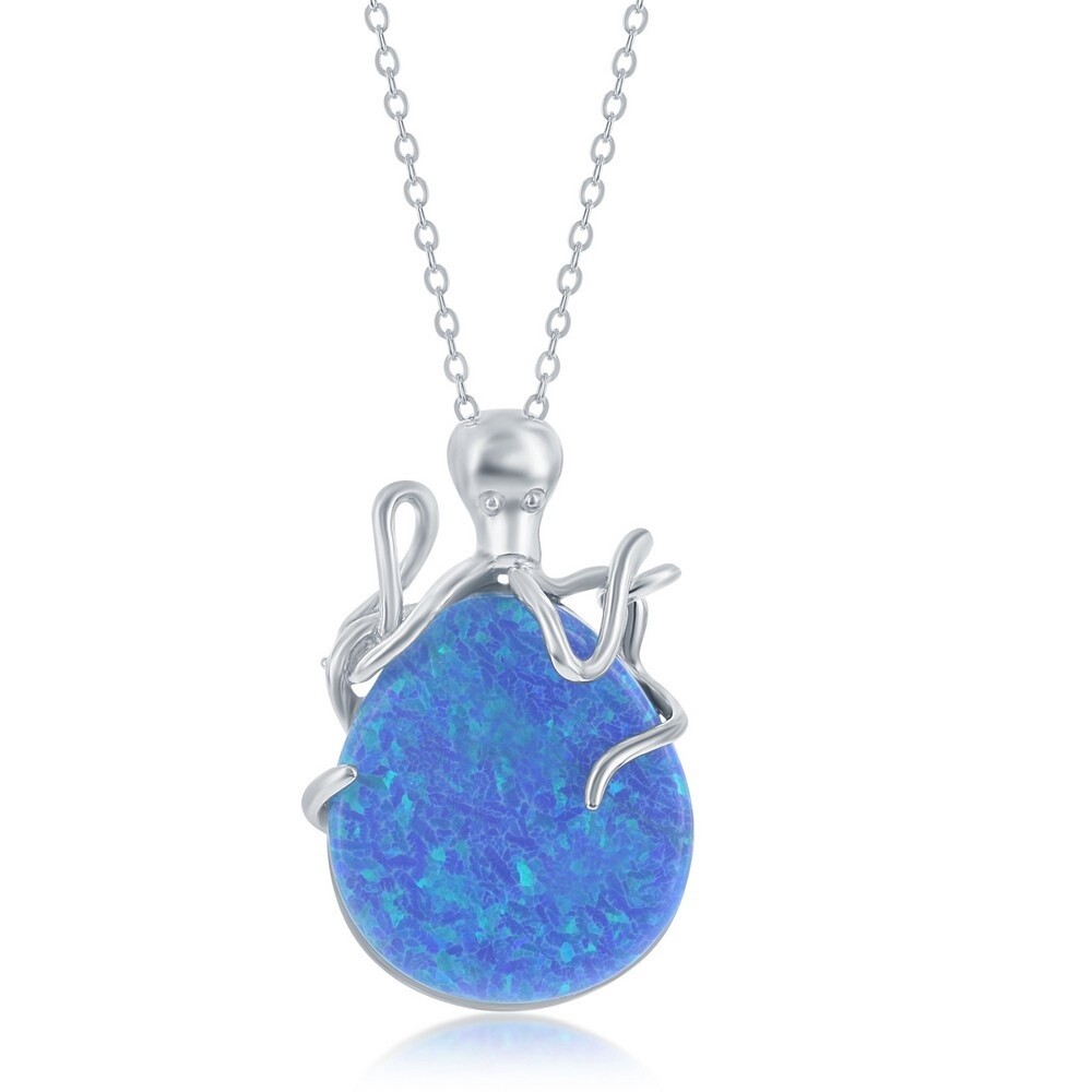 Sterling Silver Pear-Shaped Blue Opal Octopus Pendant Necklace