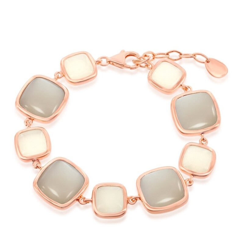 Sterling Silver Alternating White &amp; Light Grey Moon Stone Square Bracelet - Rose Gold Plated