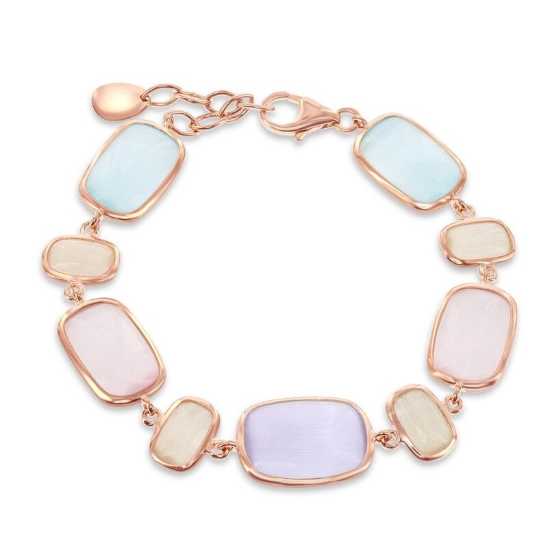 Sterling Silver Tiffany Blue, Sakura, Blue-Gray, &amp; Champagne Cat&#39;s Eye Rectangle Bracelet - Rose Gold Plated