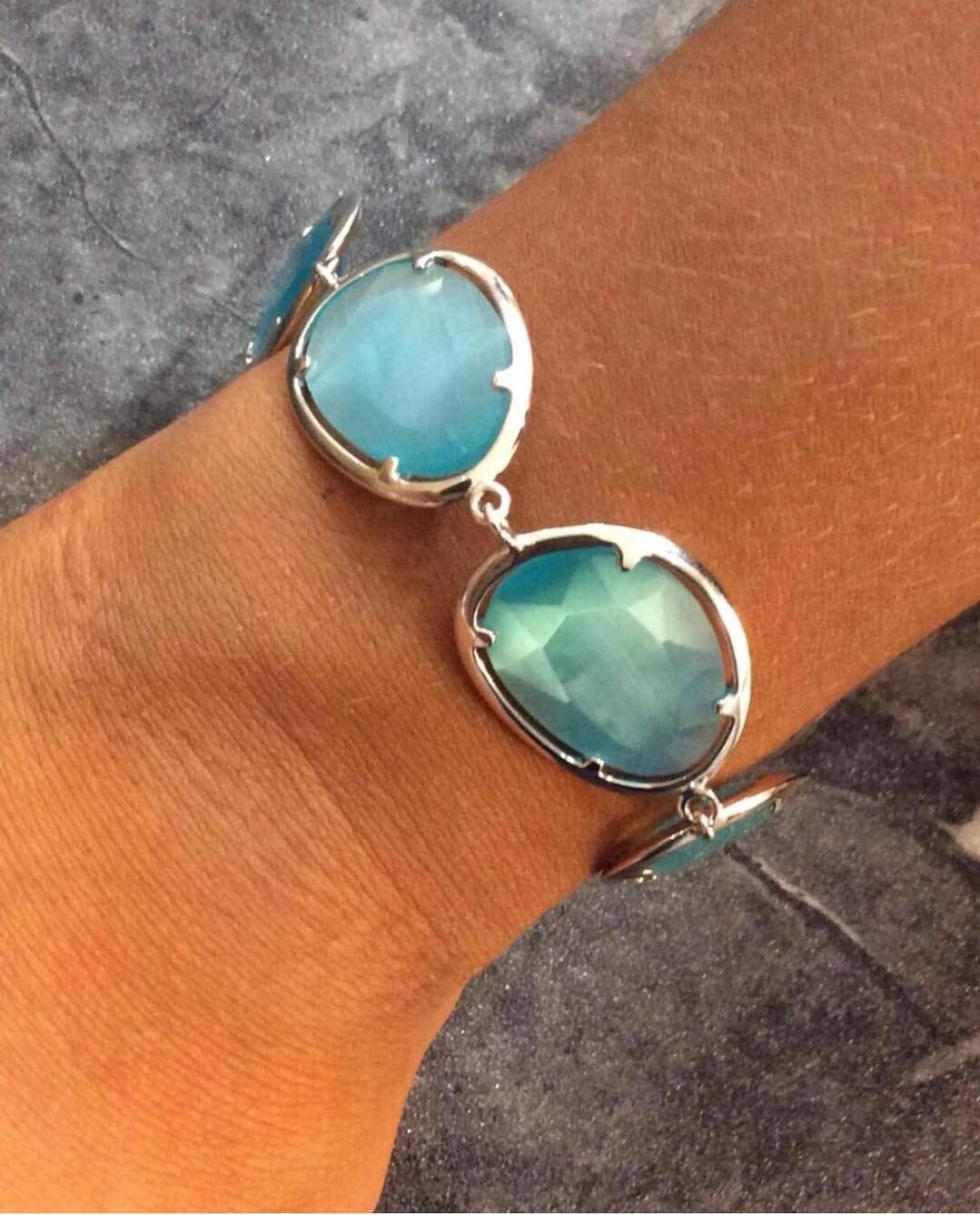 Sterling Silver Teal Oval Cat&#39;s Eye Bracelet
