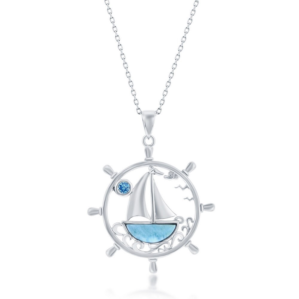 Ship&#39;s Wheel, Larimar Sailboat &amp; Blue CZ Pendant