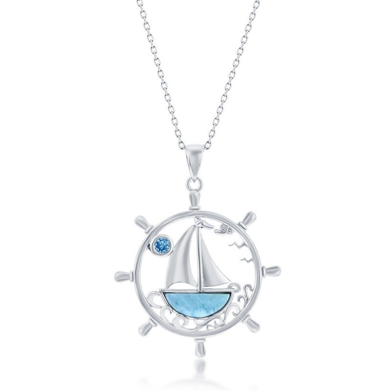 Ship&#39;s Wheel, Larimar Sailboat &amp; Blue CZ Pendant