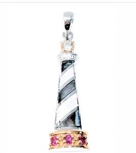 Sterling Silver and 18K Gold Hatteras Lighthouse with Gemstones Pendant-Large