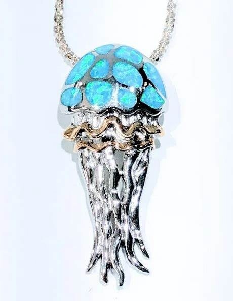 Sterling Silver and 18K Gold Jellyfish Pendant with Blue Opal Inlay
