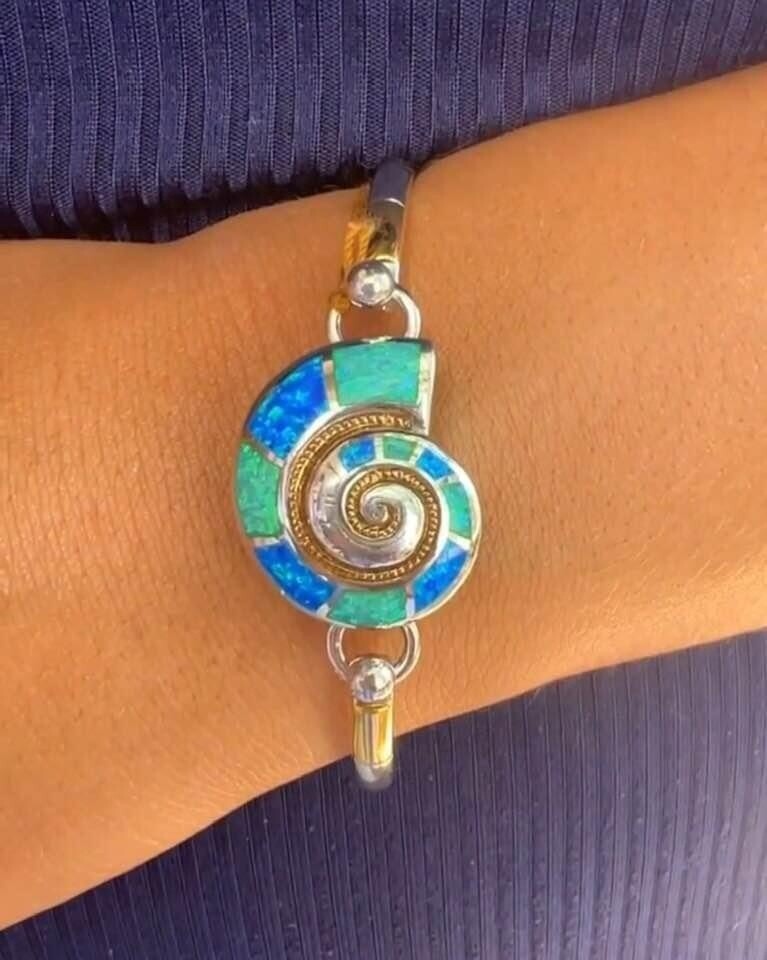 Sterling Silver and 18K Gold Nautilus Topper with Blue &amp; Green Opal Inlay