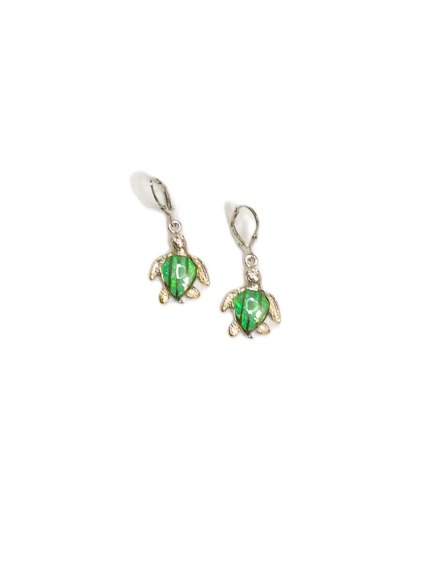 Sterling Silver and 18K Gold Turtle Earrings with Green Opal