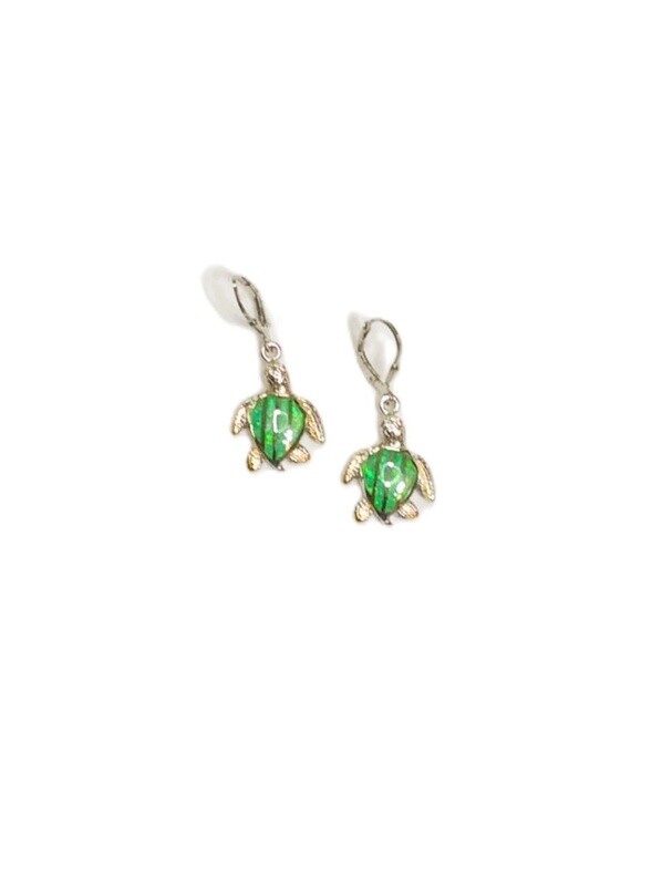 Sterling Silver and 18K Gold Turtle Earrings with Green Opal