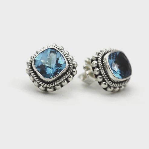 Sterling Silver Bali Post Earrings with Swiss Blue Topaz