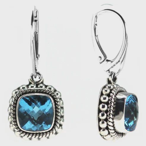Sterling Silver Bali Earrings with Swiss Blue Topaz