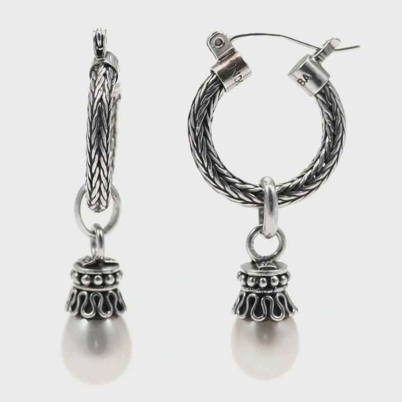 Sterling Silver Hoop Earrings with Pearl Charm Dangle