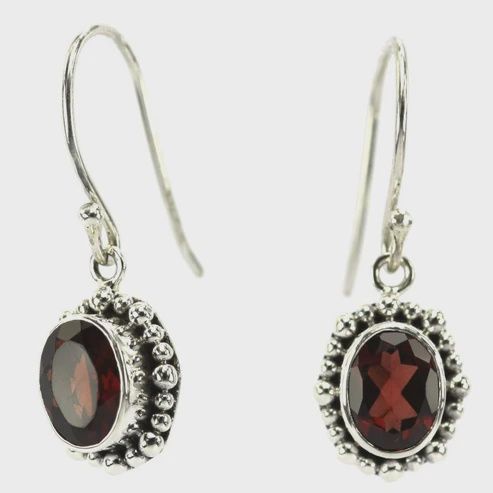 Sterling Silver Bali Garnet Beaded Drop Earrings