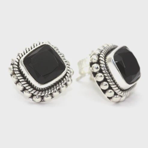 Sterling Silver Bali Post Earrings with Black Onyx