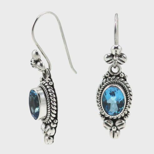 Sterling Silver Earrings with Faceted Swiss Blue Topaz Gemstones