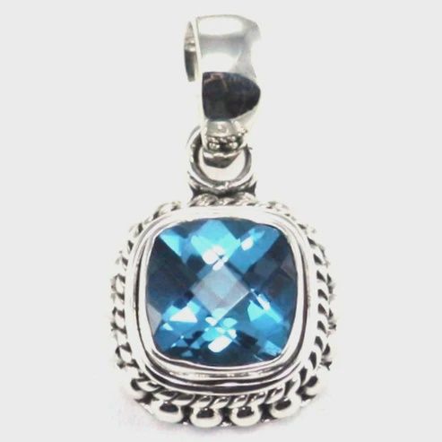 Sterling Silver Bali Pendant with a Genuine Swiss Blue Topaz Gemstone