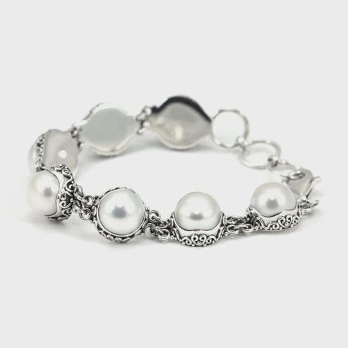Sterling Silver Bracelet with Pearls and Filigree Adornment
