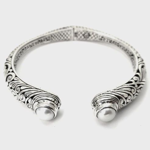 Sterling Silver Bracelet with Pearls and a Spring Hinge